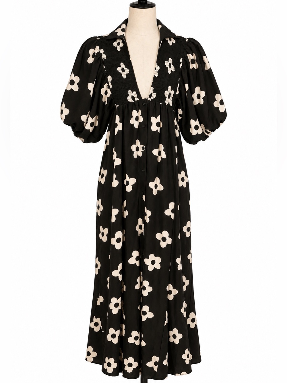 AnnieWear LA graphic black/white floral print kimono puff sleeve v- neck dress-S